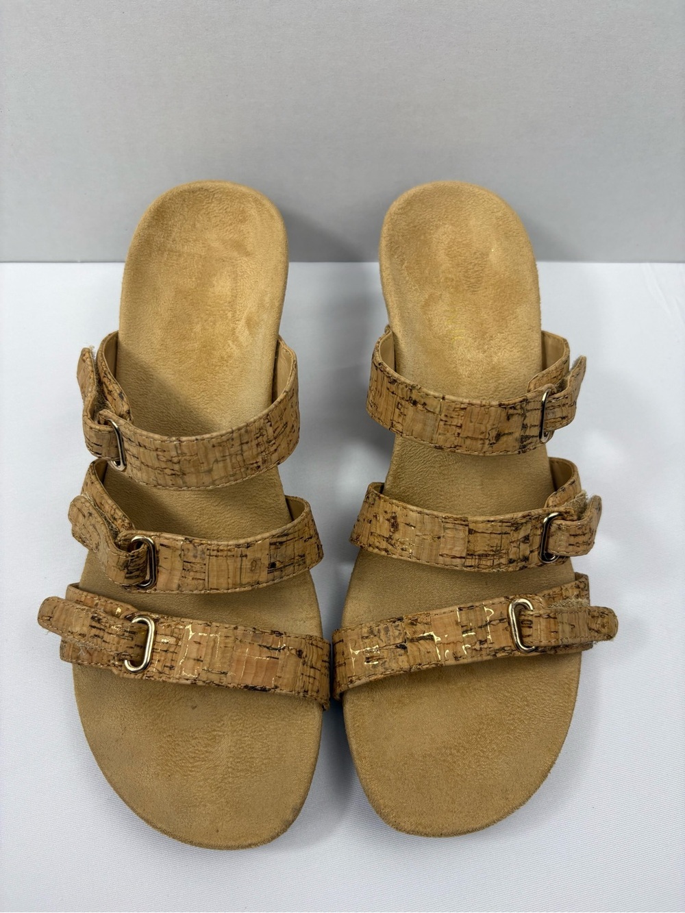 Vionic Amber Sandals in a Gold Cork Pattern with a Three-Strap Adjustable Design